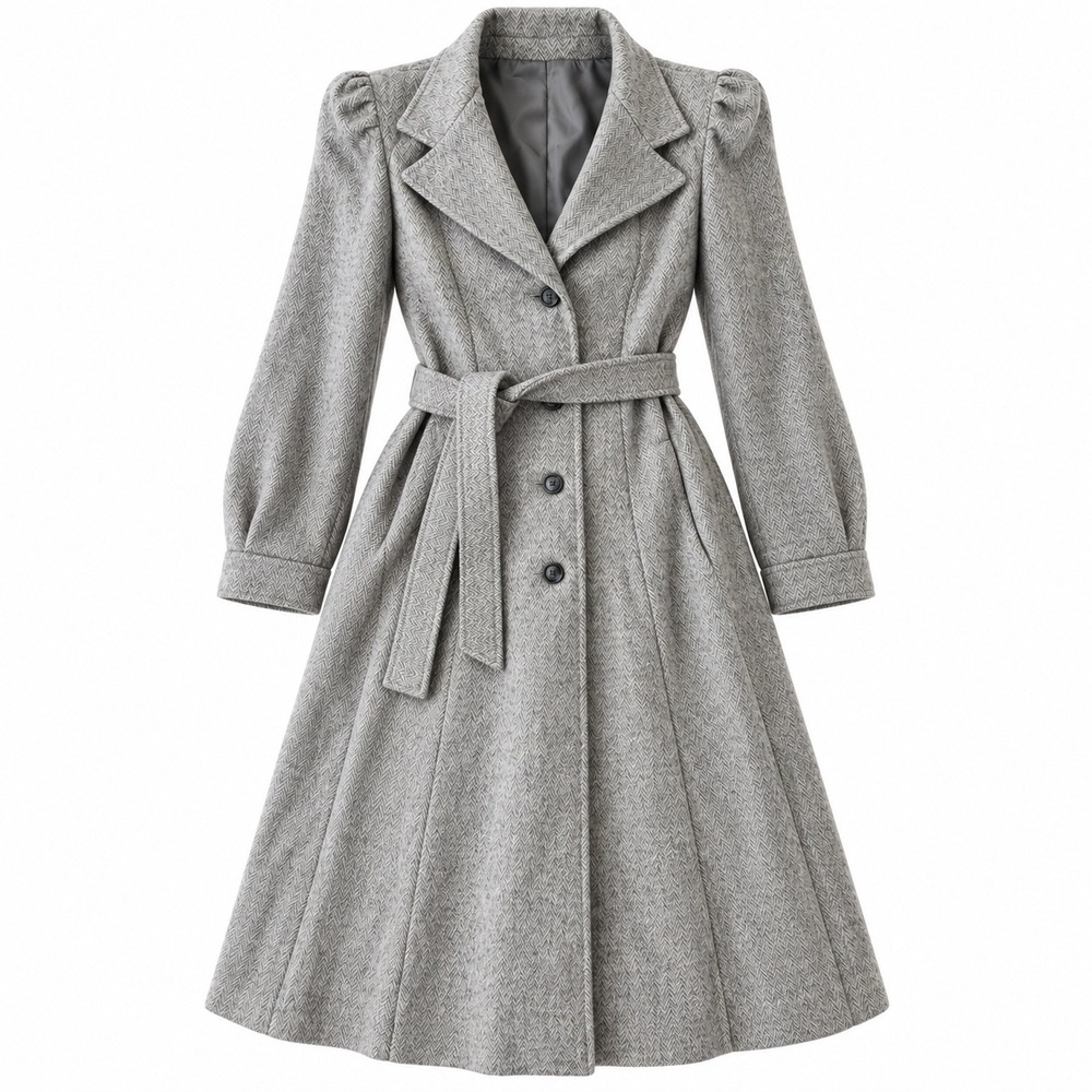 Jill Jr Vintage Herringbone Wool Blend Belted Trench Coat Womens Small Grey